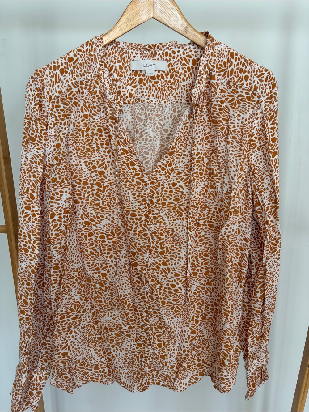 LOFT Rust and White Printed V-Neck Tie-Detail Blouse